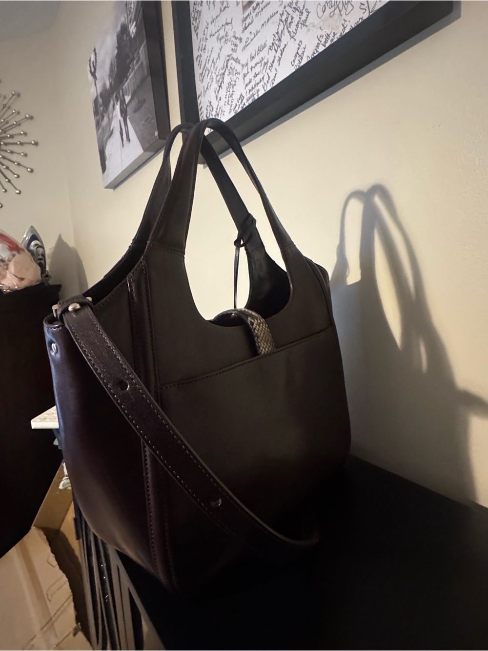 Brahmin Carla Dark Brown Leather Shoulder Bag with Snake-Print Accent - Picture 3 of 8